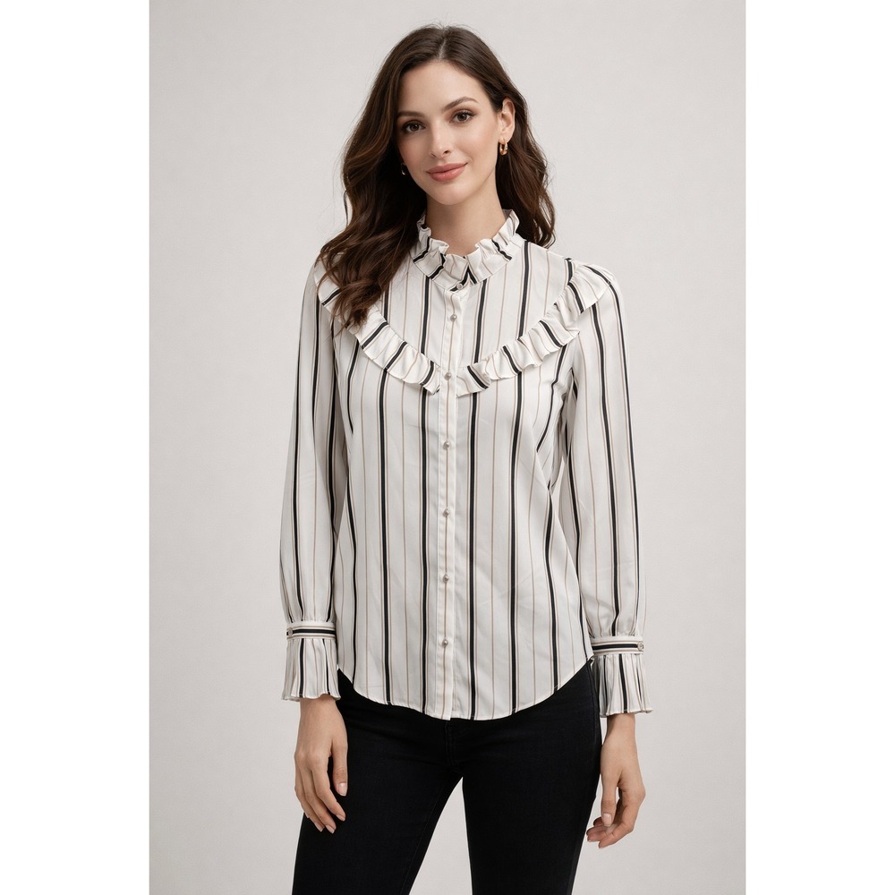 Maison de Roem Women's Striped Ruffle Blouse Size S Long Sleeve Button Front Top